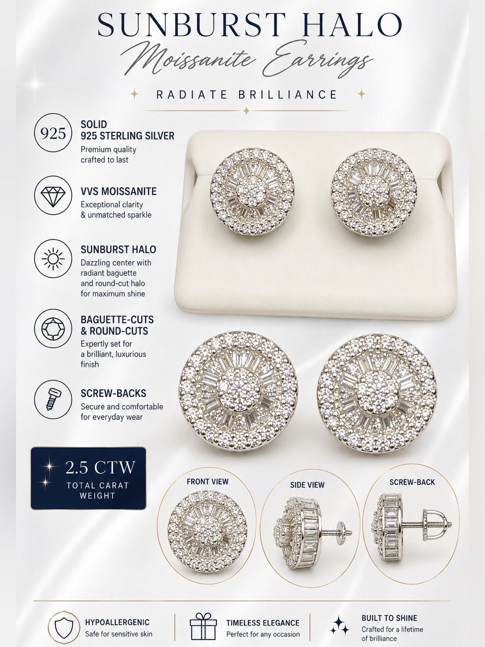 .925 Sterling Silver 2.5 CTW VVS Moissanite Small Baguette Halo Stud Earrings - Picture 3 of 9
